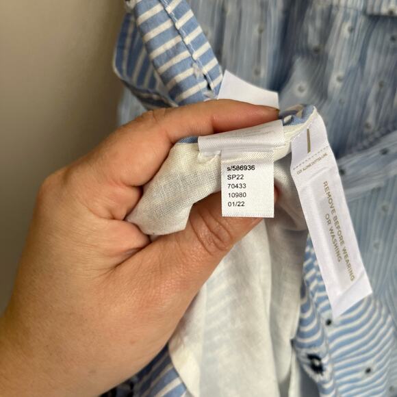 LOFT Wrap Midi Dress L Blue Eyelet 100% Cotton Ruffle Sleeves Summer Sundress - Picture 8 of 9